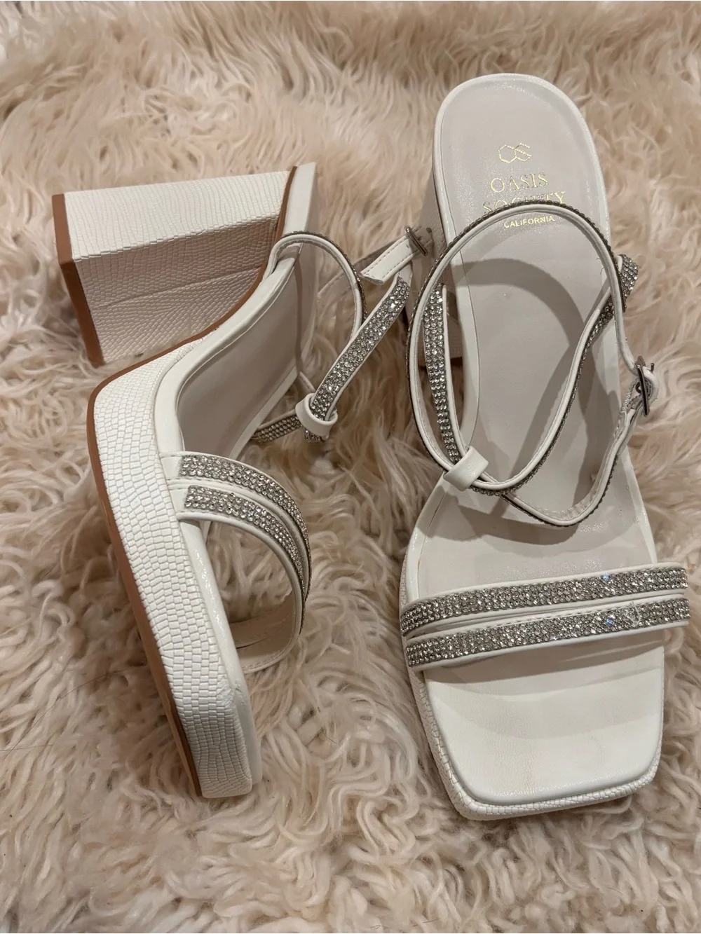 The Suva White Rhinestone and Reptile Print Strappy Block Heel by Oasis Society